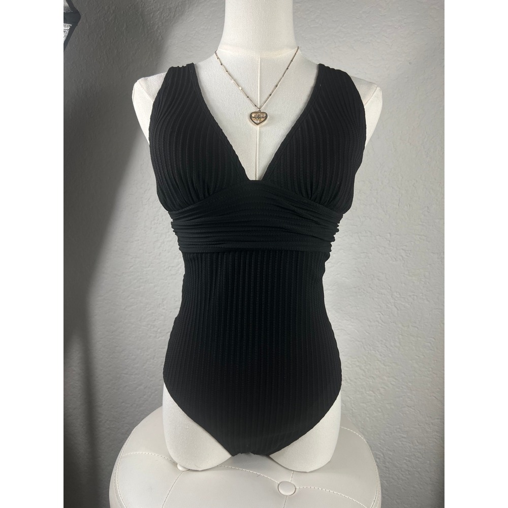Black Ribbed V-Neck One Piece Swimsuit Ruched Waist Adjustable Straps Pool Beach
